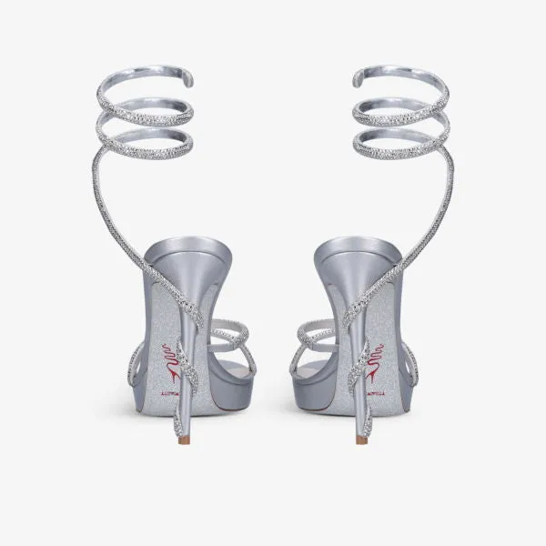Margot 120 satin heeled sandals with crystals Rene Caovilla, silver