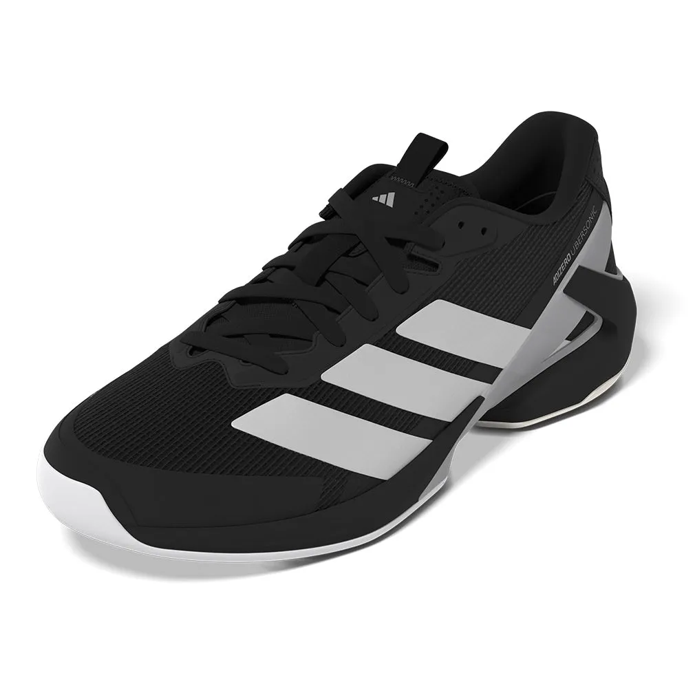 Men`s Adizero Ubersonic 5 Tennis Shoes Core Black and Silver Metallic