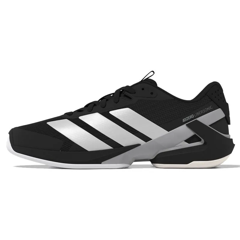 Men`s Adizero Ubersonic 5 Tennis Shoes Core Black and Silver Metallic