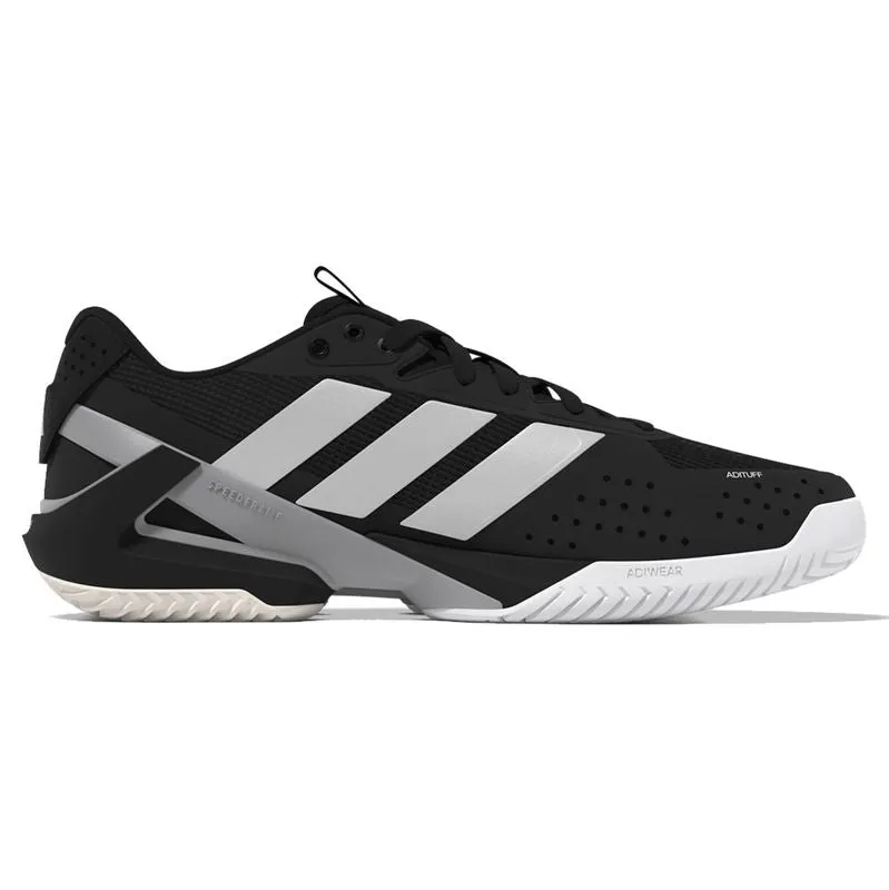 Men`s Adizero Ubersonic 5 Tennis Shoes Core Black and Silver Metallic