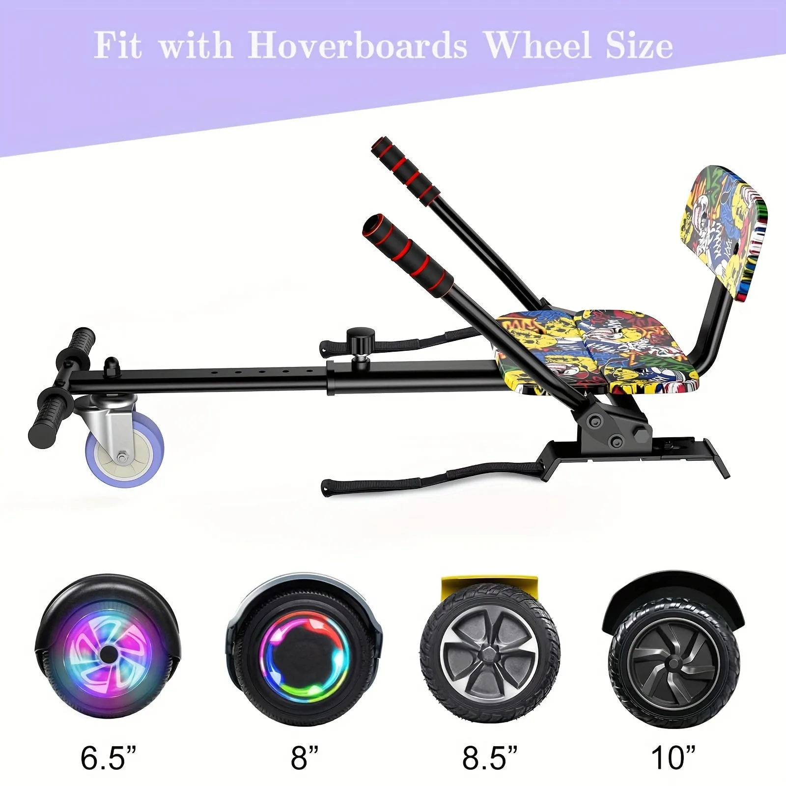 SISIGAD Hoverboard Kart Seat Attachment With Adjustable Frame Compatible With 6.5" 8" 8.5" 10" Two Wheel Self Balancing Scooter, Graffiti