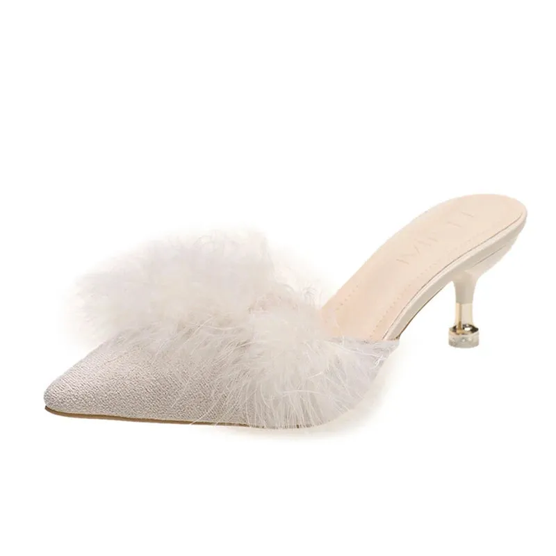 Sohiwoo Blue High Heels Party Sandals Women Summer Pointed Toe Fur Slippers Woman Elegant Slip On Thin Heeled Shoes Outdoor Slides