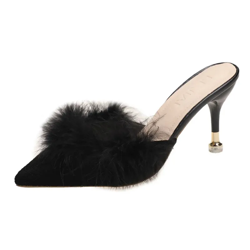 Sohiwoo Blue High Heels Party Sandals Women Summer Pointed Toe Fur Slippers Woman Elegant Slip On Thin Heeled Shoes Outdoor Slides