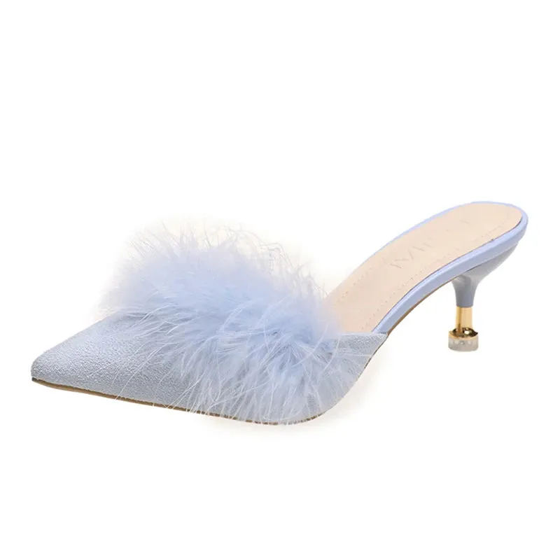 Sohiwoo Blue High Heels Party Sandals Women Summer Pointed Toe Fur Slippers Woman Elegant Slip On Thin Heeled Shoes Outdoor Slides