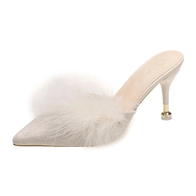 Sohiwoo Blue High Heels Party Sandals Women Summer Pointed Toe Fur Slippers Woman Elegant Slip On Thin Heeled Shoes Outdoor Slides