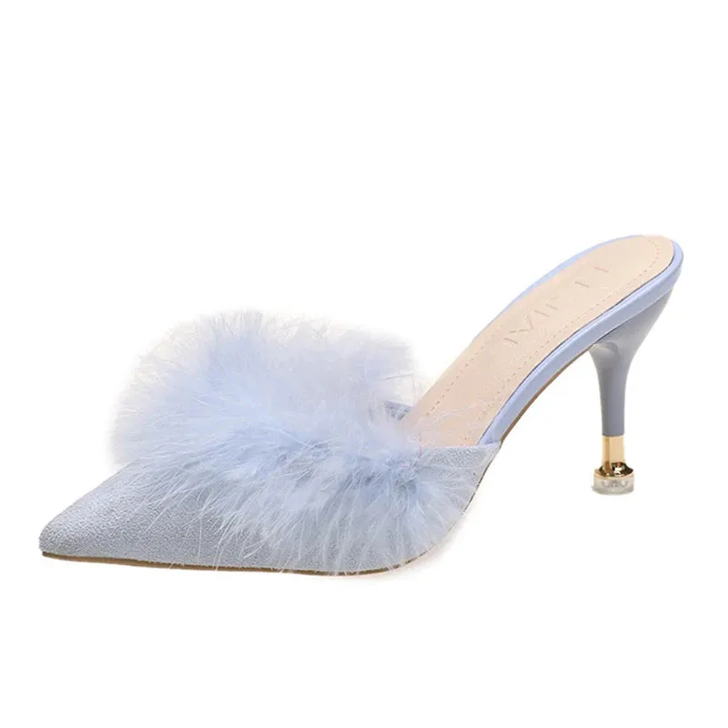 Sohiwoo Blue High Heels Party Sandals Women Summer Pointed Toe Fur Slippers Woman Elegant Slip On Thin Heeled Shoes Outdoor Slides