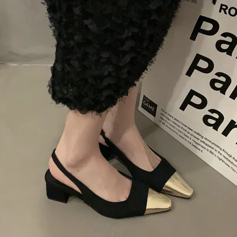 Sohiwoo Gold Square Toe Thick Heeled Sandals Women Summer Slingbacks High Heels Pumps Woman Elegant Black White Party Shoes