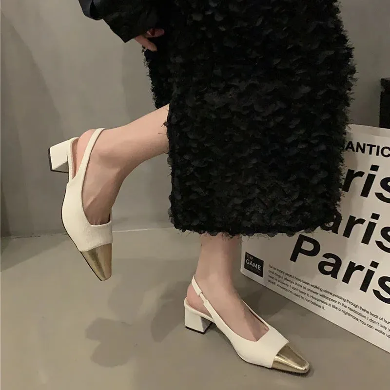 Sohiwoo Gold Square Toe Thick Heeled Sandals Women Summer Slingbacks High Heels Pumps Woman Elegant Black White Party Shoes