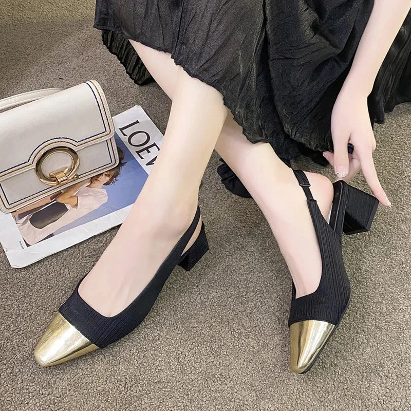 Sohiwoo Gold Square Toe Thick Heeled Sandals Women Summer Slingbacks High Heels Pumps Woman Elegant Black White Party Shoes