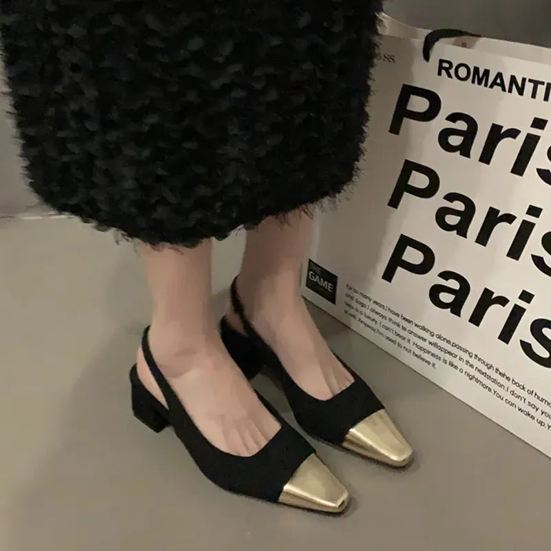 Sohiwoo Gold Square Toe Thick Heeled Sandals Women Summer Slingbacks High Heels Pumps Woman Elegant Black White Party Shoes
