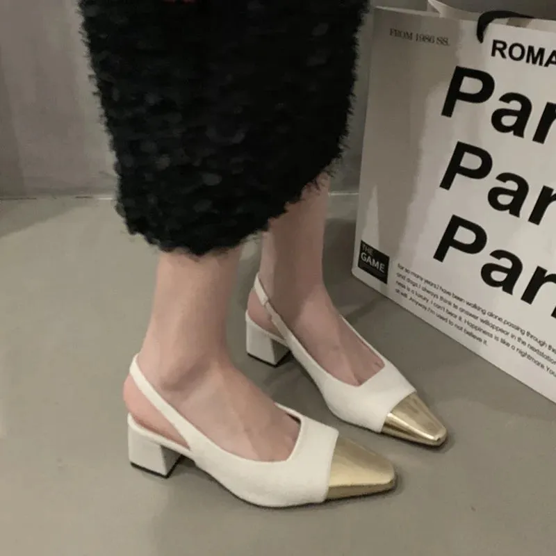 Sohiwoo Gold Square Toe Thick Heeled Sandals Women Summer Slingbacks High Heels Pumps Woman Elegant Black White Party Shoes