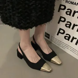 Sohiwoo Gold Square Toe Thick Heeled Sandals Women Summer Slingbacks High Heels Pumps Woman Elegant Black White Party Shoes