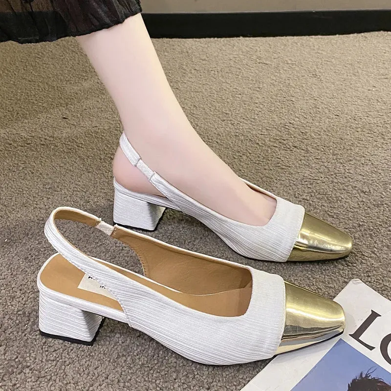 Sohiwoo Gold Square Toe Thick Heeled Sandals Women Summer Slingbacks High Heels Pumps Woman Elegant Black White Party Shoes